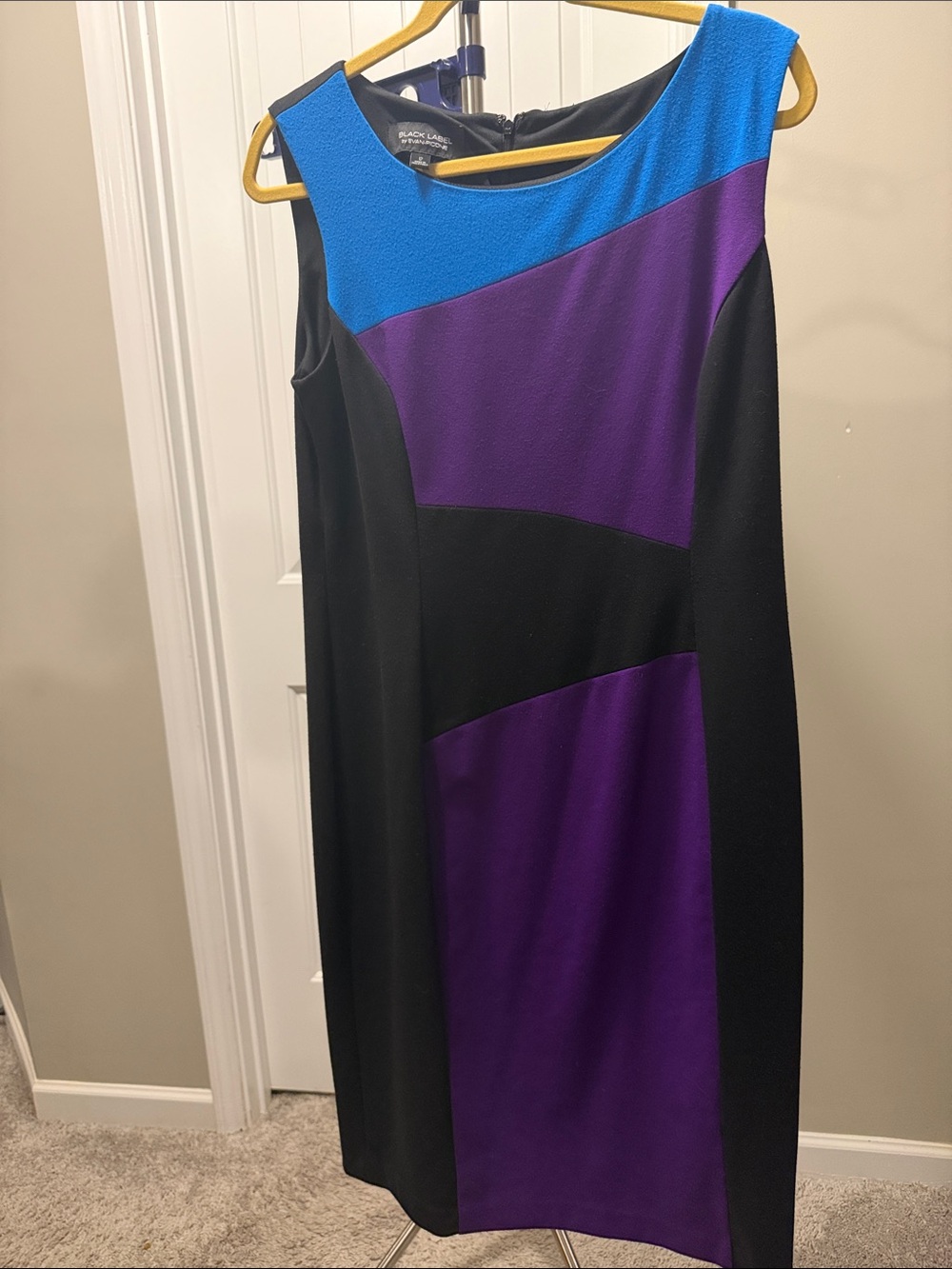 Colorblock Midi Sheath Dress in Black, Purple & Blue
